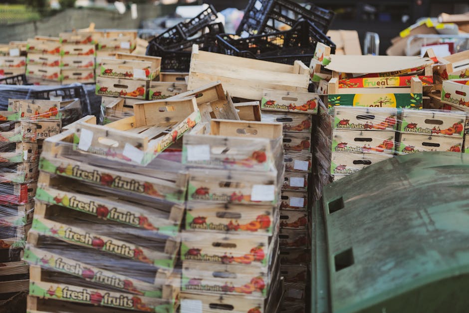 A large outdoor scene featuring numerous wooden crates and black plastic crates filled with discarded fruit boxes, primarily labeled 'fresh fruits' with colorful images of various fruits on the packaging. The wooden crates are stacked irregularly, some leaning or partially overlapping each other, revealing their light, unfinished wood texture. The black plastic crates are positioned behind the wooden boxes, appearing more rugged and utilitarian. The scene is set on a paved surface, possibly a driveway or a yard, with part of a parked green wheelie bin visible in the lower right corner, indicating waste collection or disposal activity. The lighting suggests natural daylight, illuminating the cluttered scene clearly. The abundance of fruit crate waste indicates a collection point for private waste handling or waste removal services, such as those provided by Rubbish Removal Acton, supporting alternative rubbish clearance options apart from municipal collection.